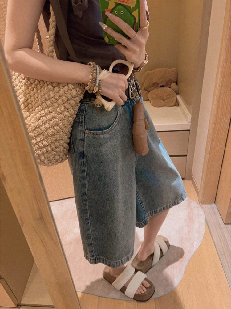 

Джинсы Yukiss с высокой талией, широкими штанинами, прямого кроя, длиной до колена, женские, летние, повседневные, легкие, из шелковистой ткани, прямого кроя