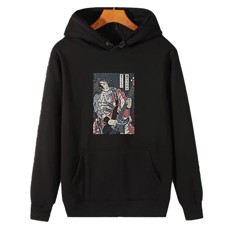 Japanese Samurai Guitar Graphic Hooded Sweatshirts Japanese Winter Essentials Pullovers Thick Sweater Hoodie Male Clothes