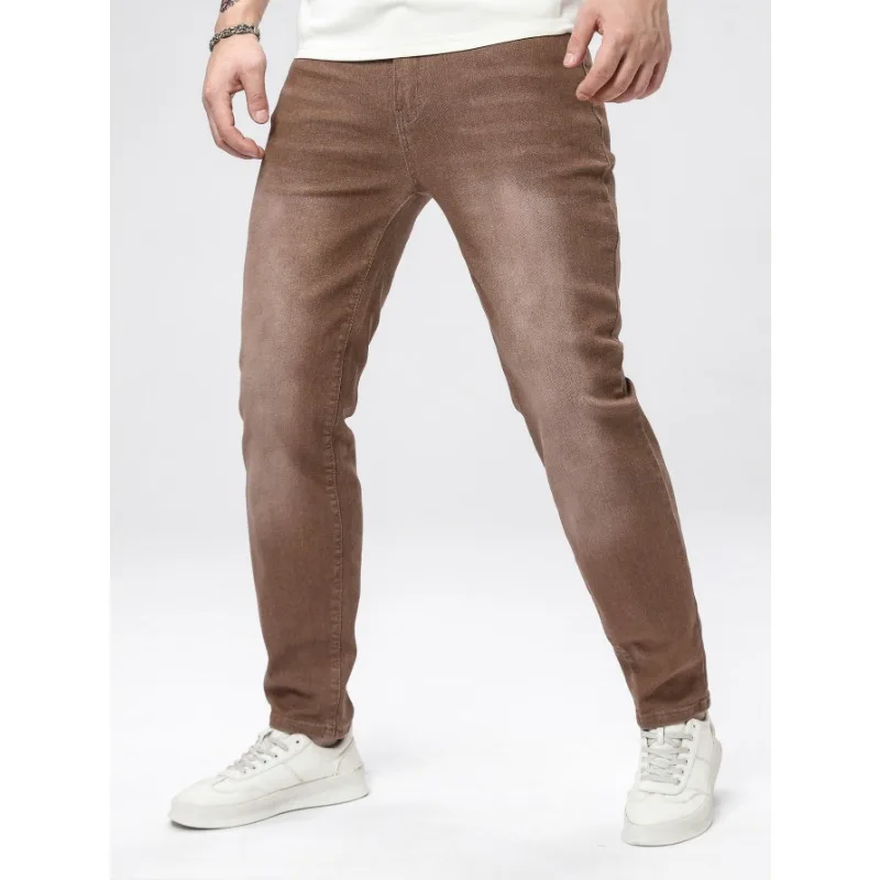 Men's Slim Fit Jeans Elastic Simple Long Brown Slimming Men's Trousers Multi-Process Men's Pants Casual Straight Leg Denim