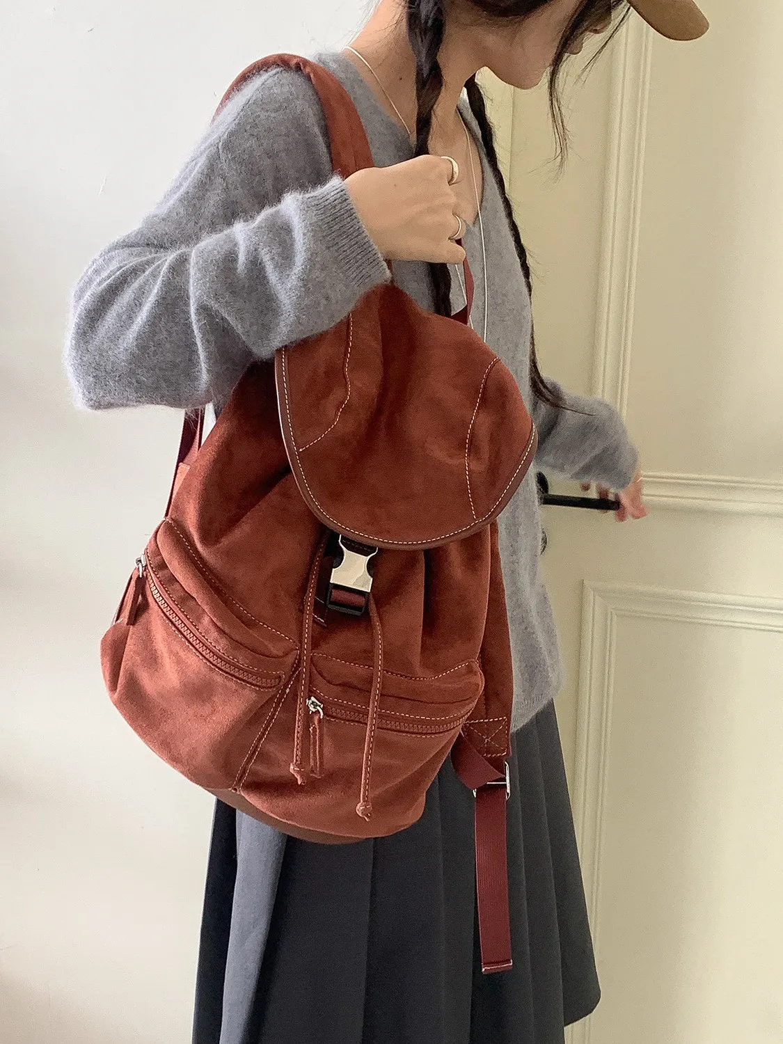 

FIRMRANCH Korean Style Drawstring Flip-Top Student Backpack Autumn Winter Vintage Velvet Bag Large Capacity Fashionable Purse