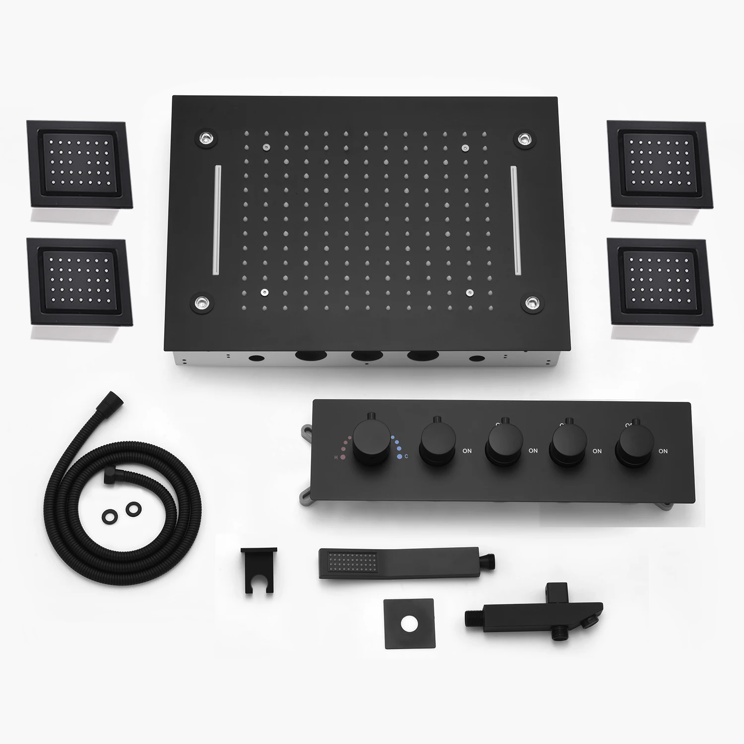 Matte Black LED Shower Head Panel Rain Waterfall Shower System Set Lateral Jet With Thermostatic Mixer Valve Diverter