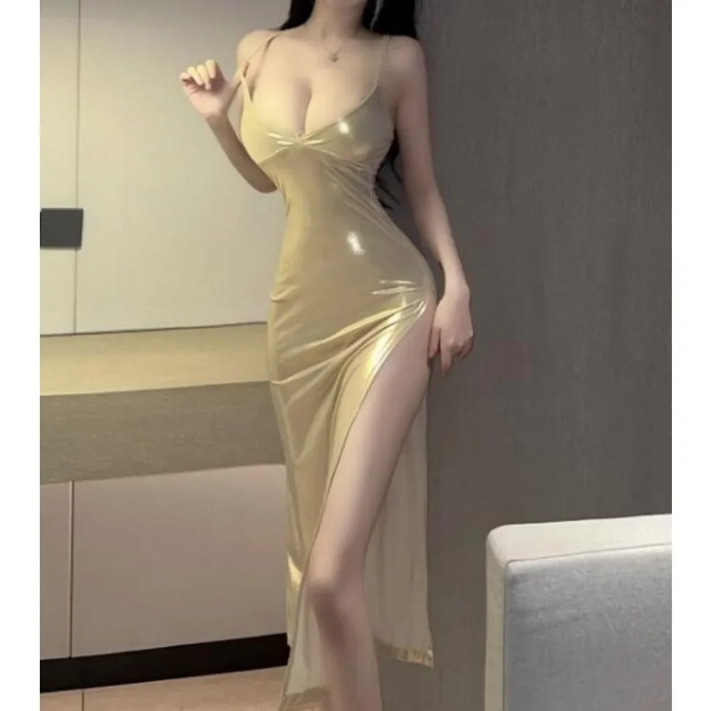 Sexy Satin Slip Split Dress Chic Vintage Evening Party Club Dress Women Chic Goth Slim Pencil Vestidos