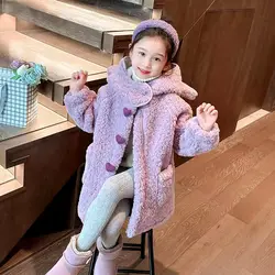 Children Lamb Wool Thick Warm Casual Coats Girls Winter Cashmere Jackets Kids Long Style Hooded New Fashion Coat Outerwear