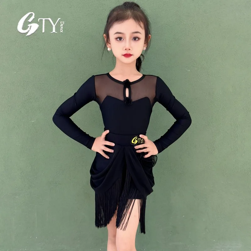 

customized GTYDANCE Latin dance costume for girls long sleeved high-end tassel skirt Latin practice suit set