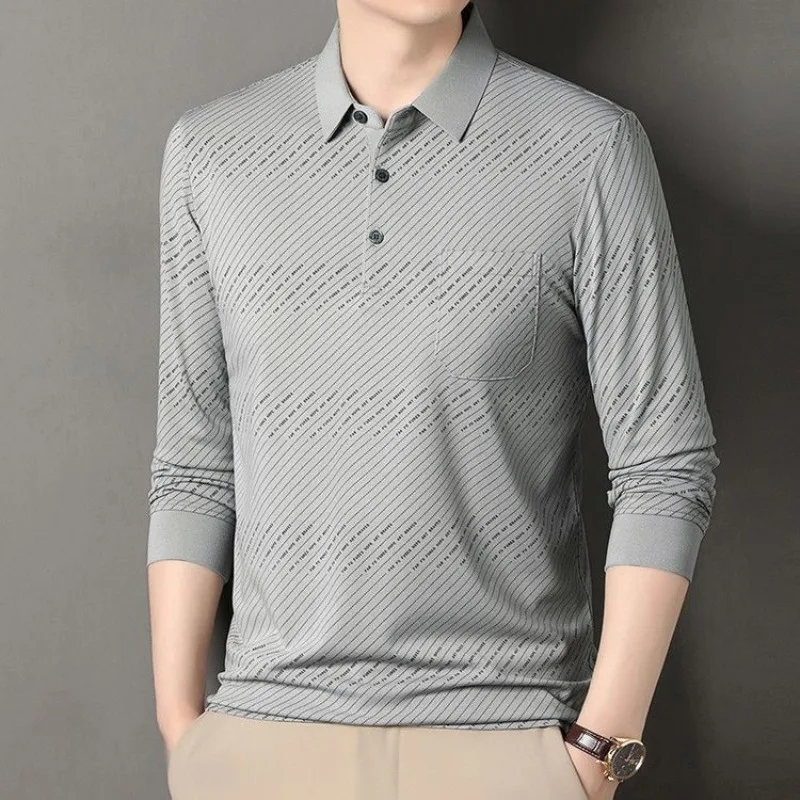 

Мужская рубашка-поло с длинным рукавом, с настоящим карманом, отложным воротником, свободного кроя, повседневная, легкая, весенне-осенняя, для папы