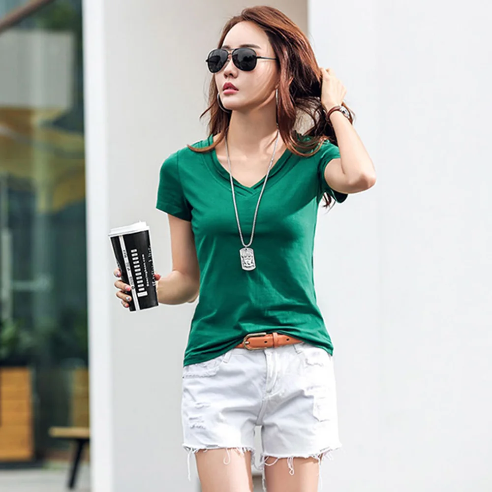 New Women V-Neck T-shirt Summer Fashion Casual Short Sleeve Slim Tees Tops Classic Simplicity Basic Cotton T-shirt Burgundy