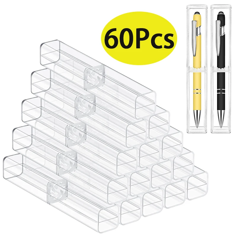 60Pcs Acrylic Pen Case Clear Acrylic Pen Boxes Gift Empty School Office Collection Container Storage Cases