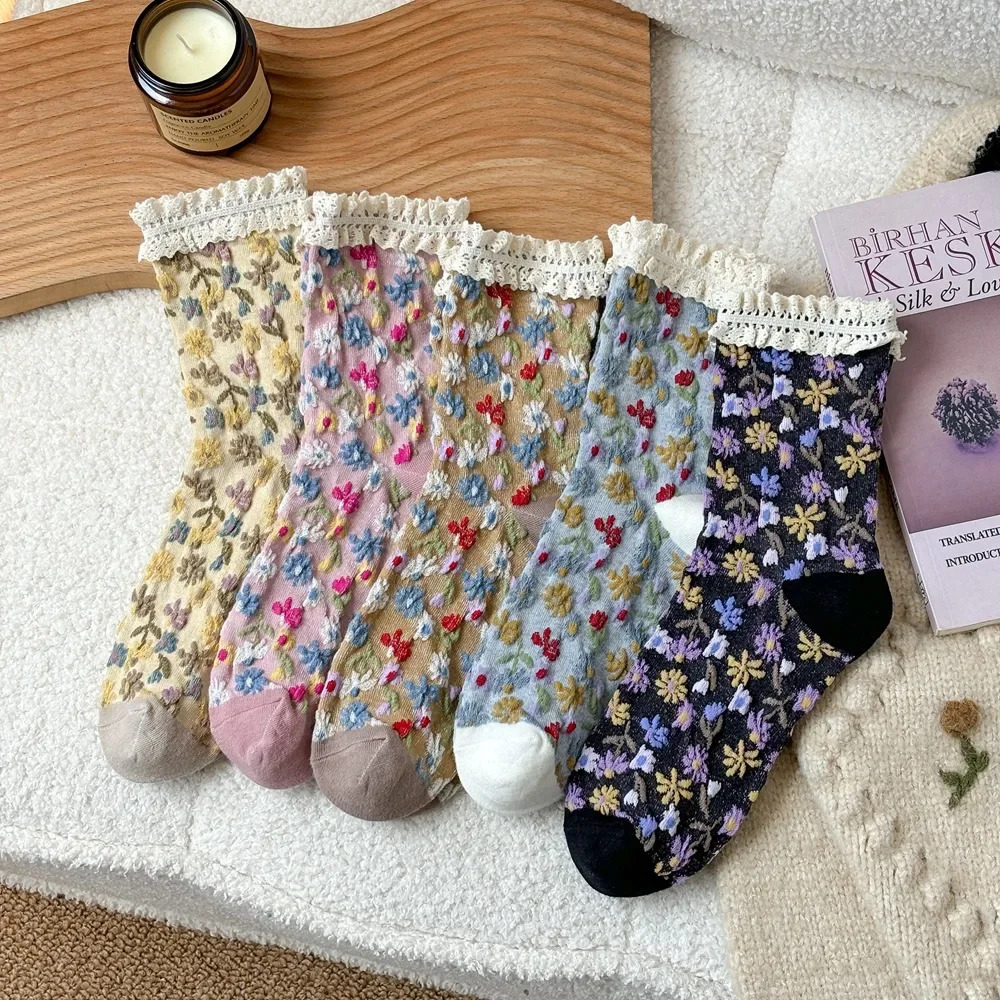 Lolita Kawaii Lace Ruffle Socks Women Korean Style Retro Middle-tube Socks Floral Embossment Harajuku Vintage Cotton Long Socks