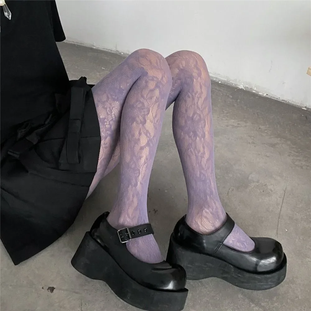 Y2k Mode Gothic Blume aushöhlen sexy Strumpfhosen Frauen Fisch netz Wein rot ins heiße Mädchen JK Strumpfhosen hohe elastische Hipster Leggings