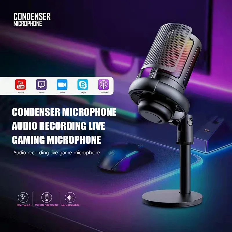 Quick Mute Gaming Microphone RGB Lighting USB PC Mic for Podcasts Videos Streaming with Rotate Gain Button Desktop Stand