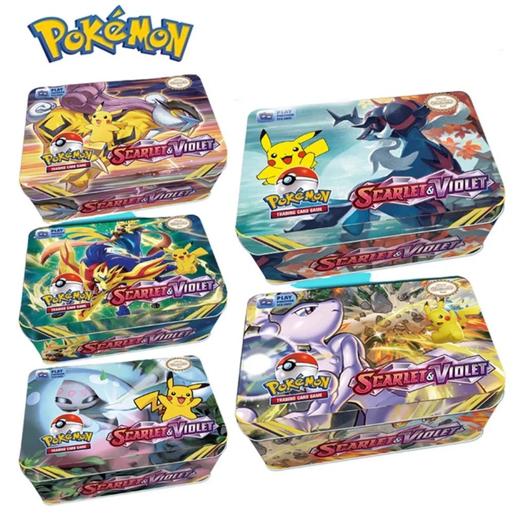 42 Pcs English SCARLET VIOLET Iron Metal Box Pokemon Cards Arceus Vstar Vmax Card Golden Limited Game Collection Cards Toy