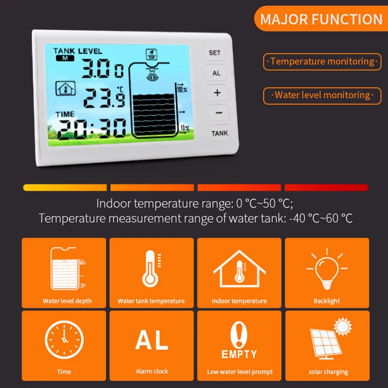 Solar Powered Ultrasonic Level Gauge Digital LCD Indoor Water Liquid Tank Depth Temperature Monitor Alarm Clock 100M Sensor -40℃