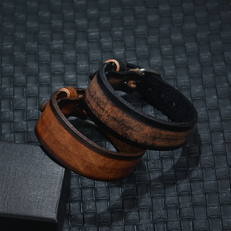 New Retro Black Brown Genuine Leather Belt Buckle Wide Wrap Bracelets Men Women Bangle Outdoor Jewelry