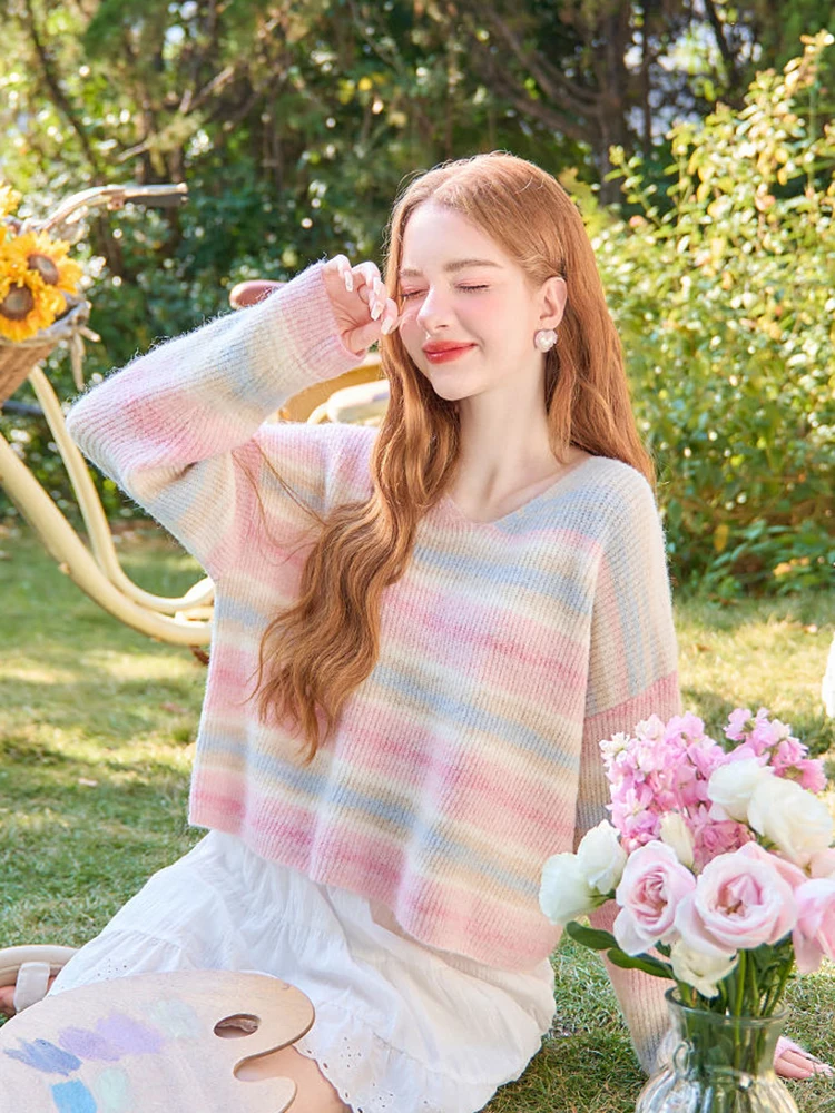 Jmprs Cute Japan Rainbow Sweaters Women Sweet Fashion Knitted Pullovers Casual Preppy Style Long Sleeve Female V Neck Jumper Top