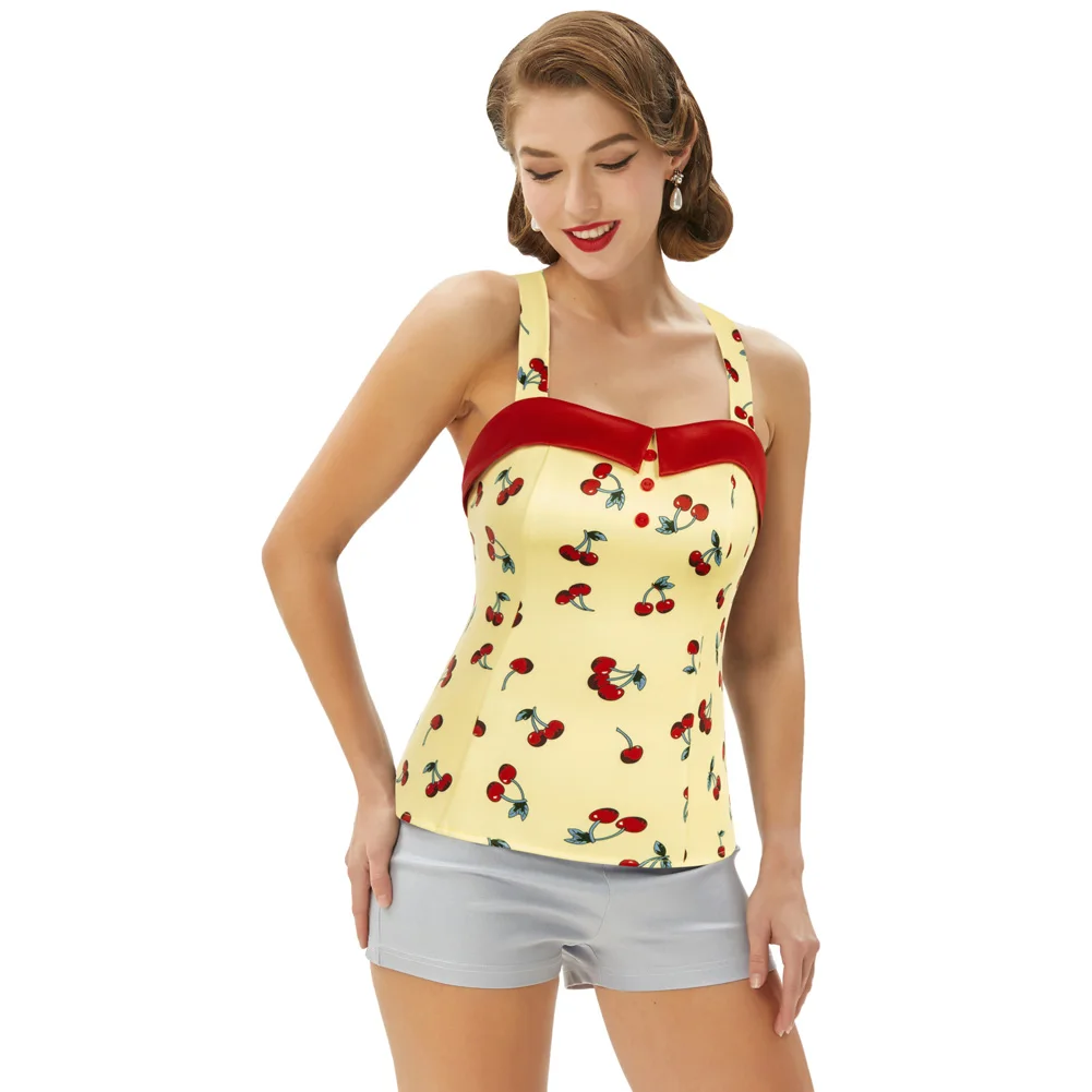 Belle Poque Summer Camis Sexy Slim Female Cherries Print Tops Smocked Back Halterneck Vintage Tops Buttons Decor Clothes Ladies