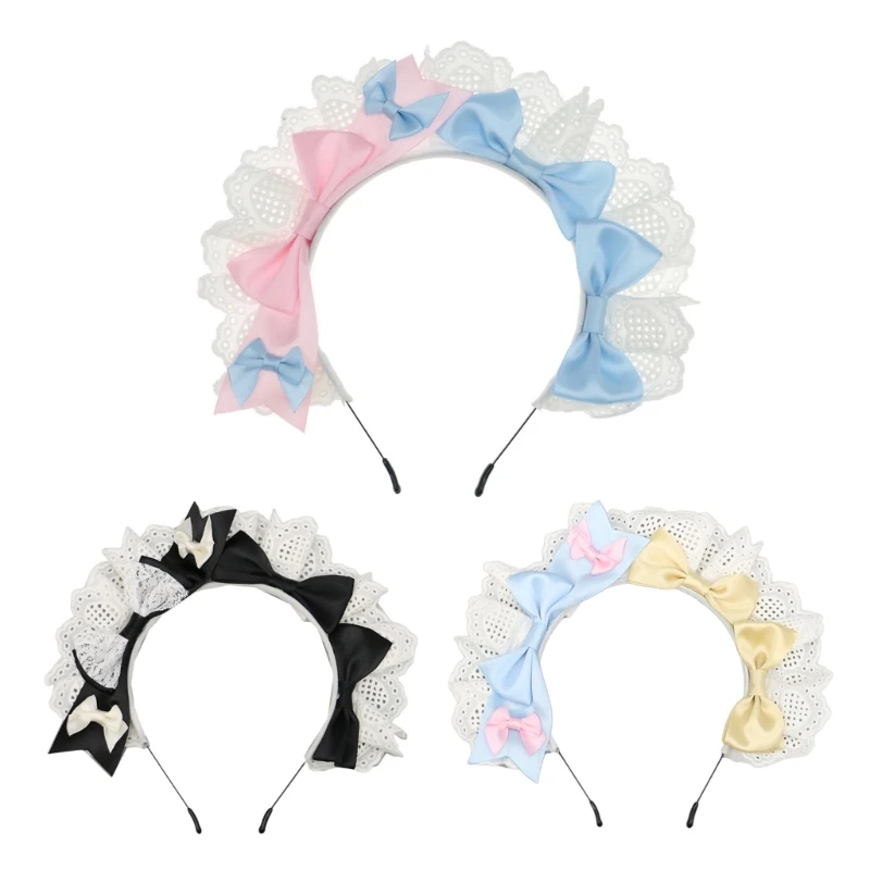 Handmade Hair Accessory Headband Gothic Lolita Cosplay Maid Lace Hair Trim Hair Hoop Cute Bowknots Decor for Women Girls