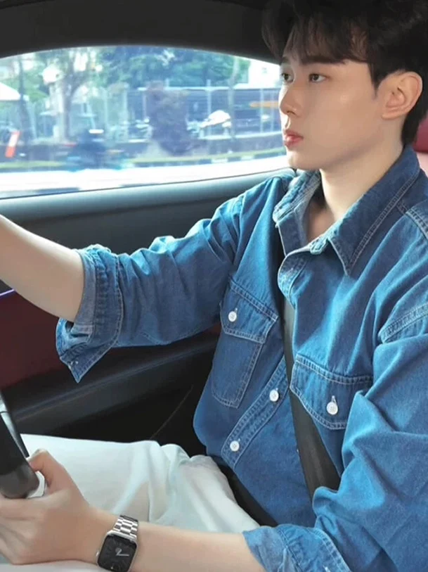 Washed Cotton Soft Cloth Denim Shirt Men's Korean Style Chic Long Sleeve Open Cardigan Layering Workwear Blue Shirt