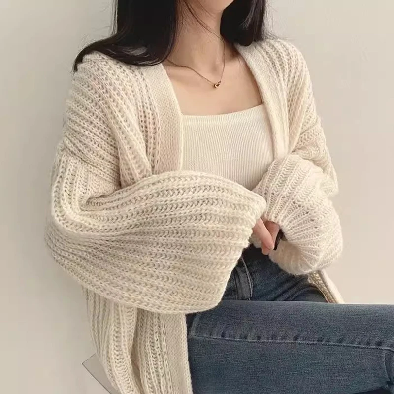 

Chic Autumn Winter Lazy Sle V-Ne Loose Versatile Lantern Sve Soft Cozy Knitted Open Cardigan Sweater Outerwear