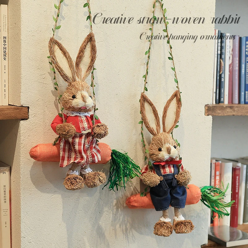 Creative Straw Woven Swing Rabbit Wall Decor, Hanging Ornament for Coffee Shop, Cake Shop, Living Room & Home Wall Decoration