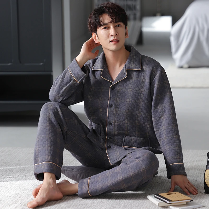 3XL-6XL Laminated air cotton pajamas men autumn and winter thick long-sleeved home service male warm 3 layers thin quilted suit