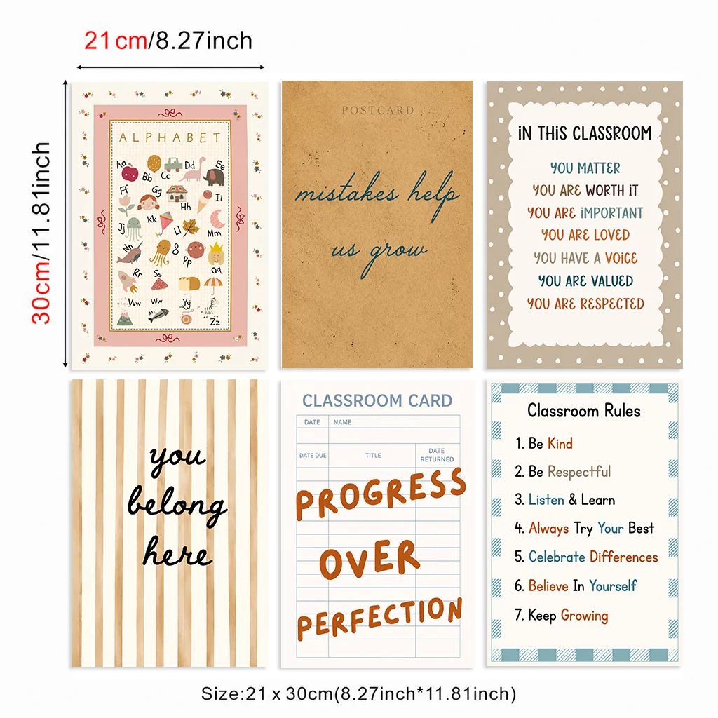 Set of 6 Classroom Growth Alphabet Mistakes Help Grow You Matter Belong Progress Modern Decorative Canvas Poster Wall Art