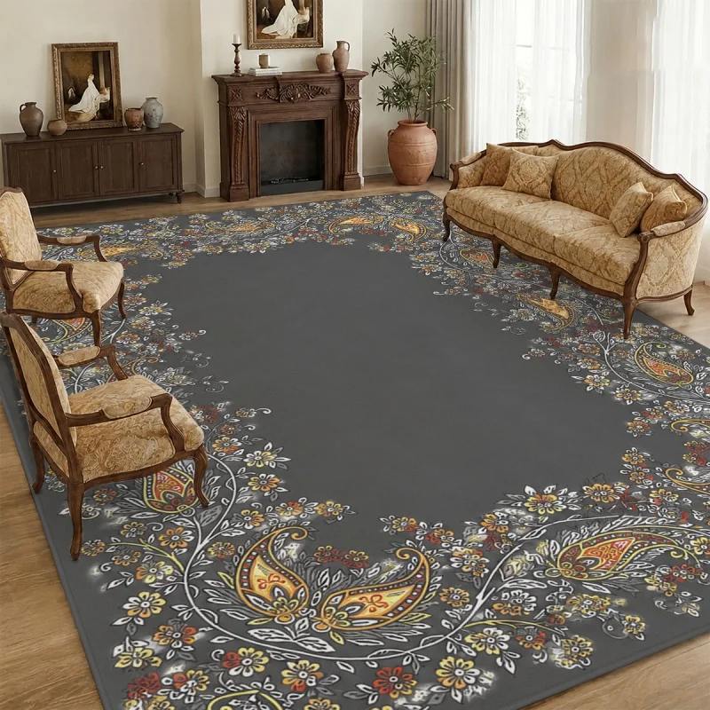 Dark Grey Background Paisley Floral Vine Border Large Area Rug,Vintage Bohemian Floral Washable Floor Carpet for European Style