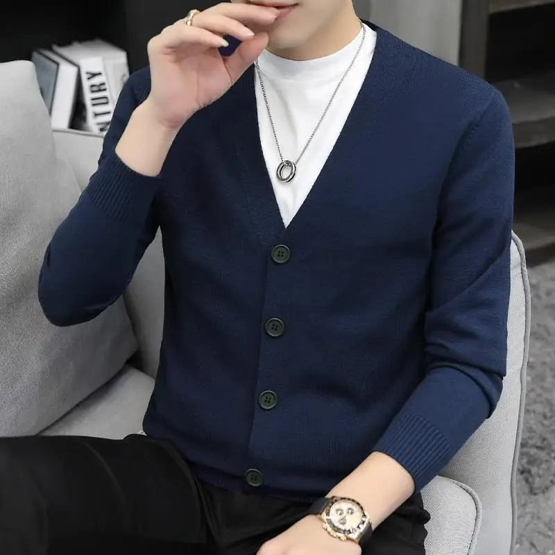 Autumn Winter New Men Sweater Coat V-Neck Solid Single Breasted Korean Fashion Casual Slim Long Sleeve Cardigan Knitted Tops