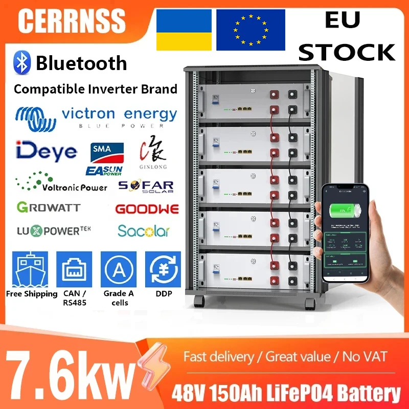 LiFePO4 Battery 48V 100AH 150AH 200AH 51.2V 7.6KW Lithium Battery 6000+ Cycles With Bluetooth BMS For Solar Inverter EU STOCK