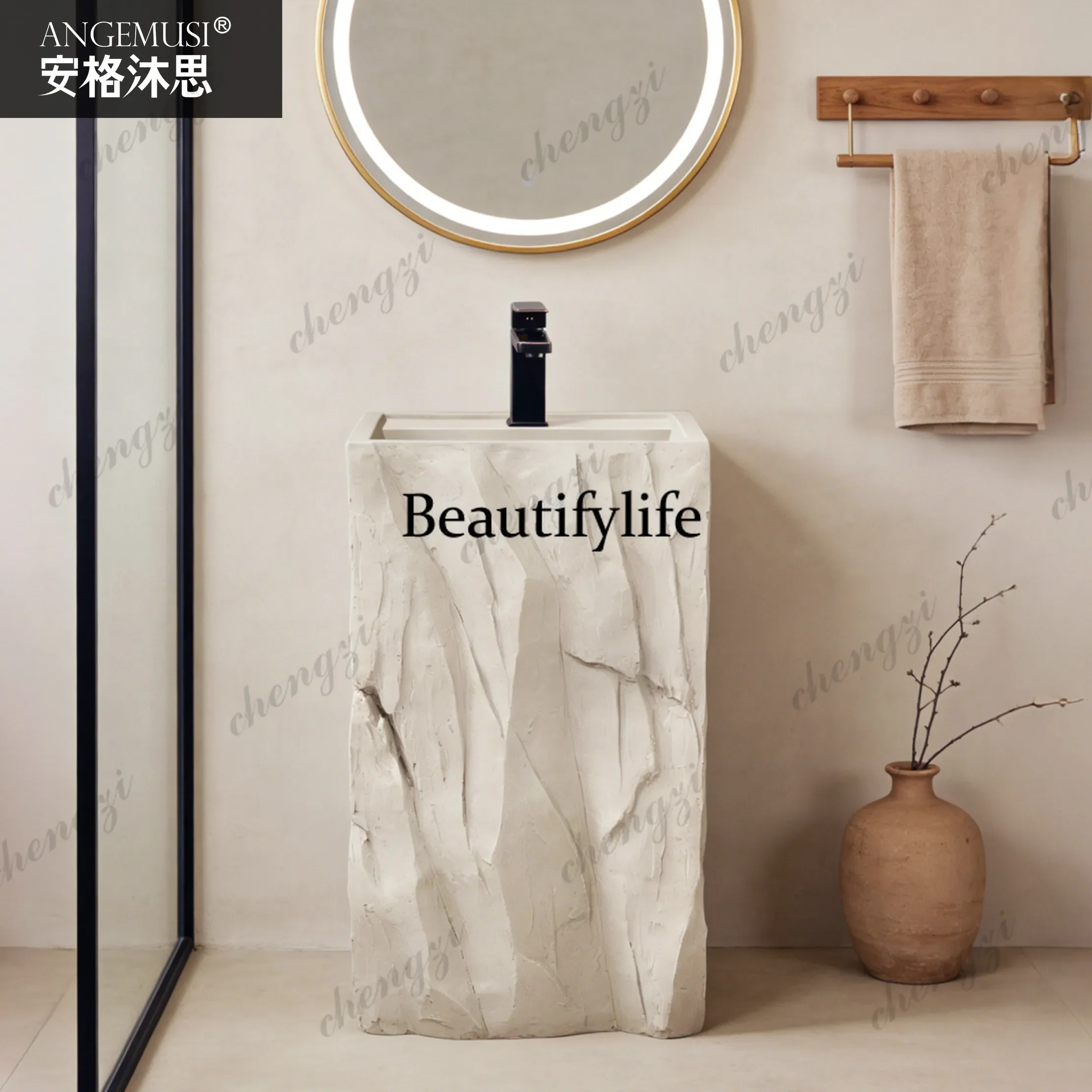 Floor-to-ceiling washbasin Japanese-style pillar basin Rock texture washbasin Household outdoor integrated garden art