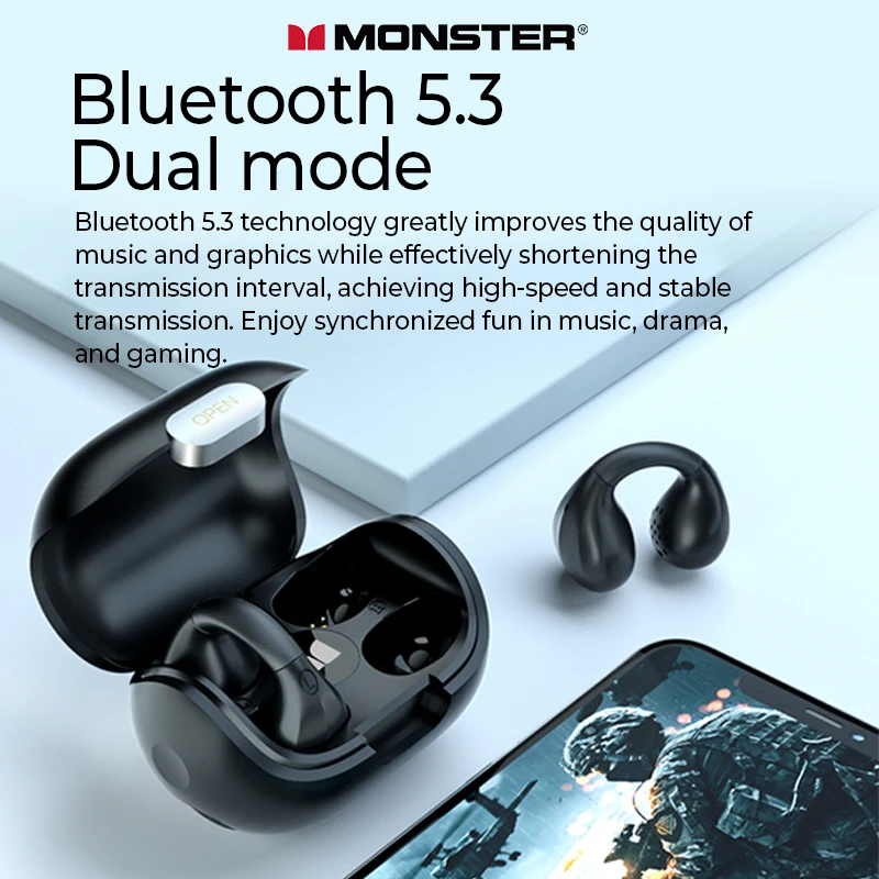 Monster TWS Bluetooth 5.3 Earphones True Wireless Headphones with Mic Bone Conduction Earbuds Noise Reduction Waterproof Headset