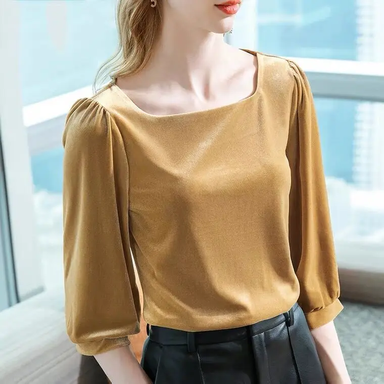 Korean golden velvet Blouse Women Corduroy Velvet Tops Retro Square Collar Shirt Bubble Sleeve Blusas Ropa De Mujer 10 colors