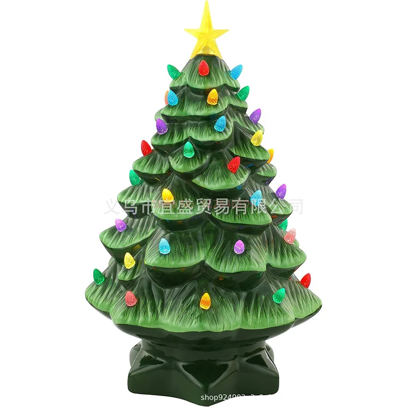 Ceramic Christmas Village Decoration Tree With Tree Topper Star Multicolored Lights For Ornaments Home Courtyard Ornaments Gift