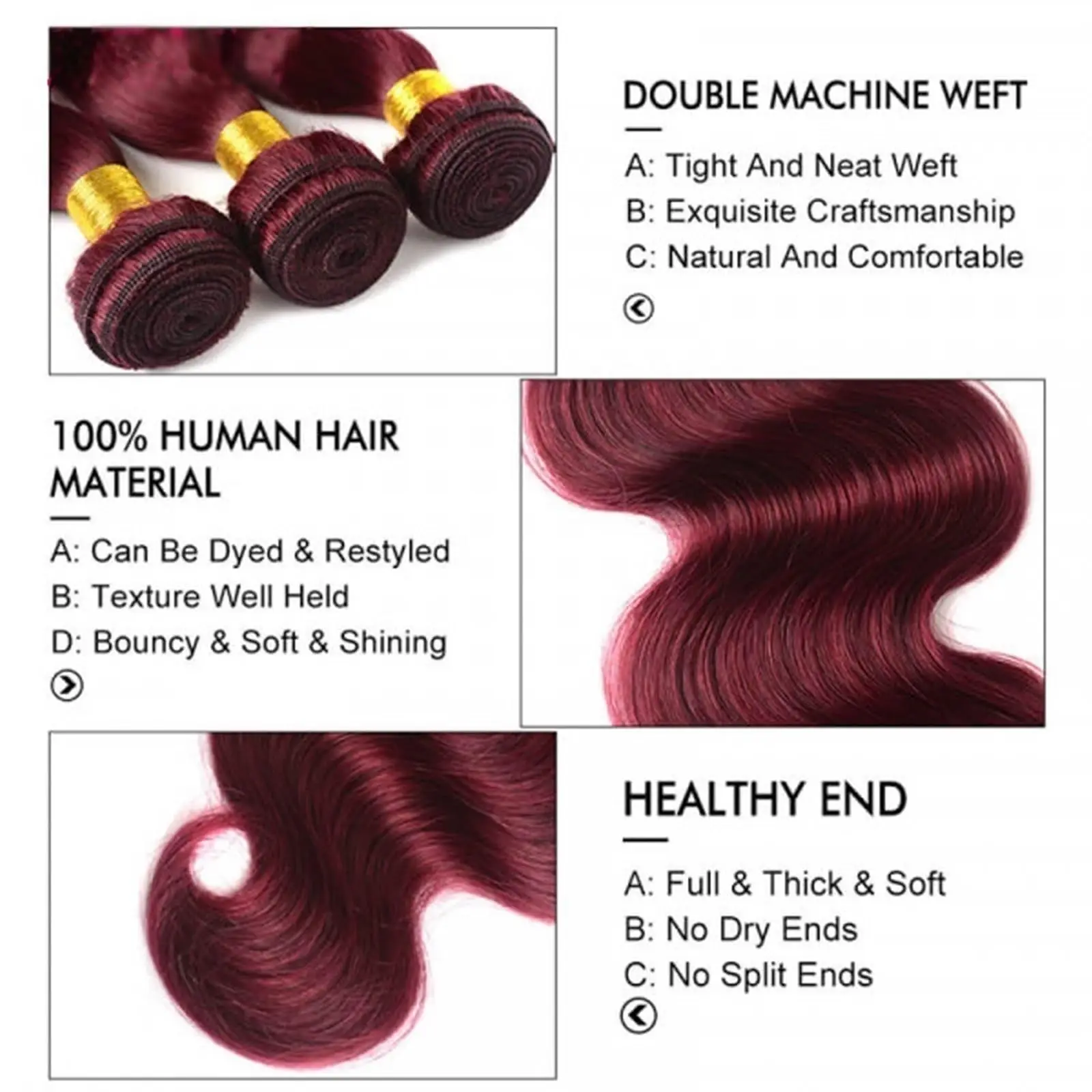 Mechones de cabello humano ondulado brasileño, extensiones de cabello Remy, Color rojo borgoña, # 99j