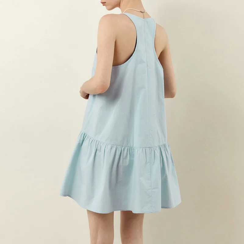 แฟชั่นชุดผ้าลินินผู้หญิงสบายๆหลวมฤดูร้อนแขนกุด U-คอ Blue High Street Holiday Beach Party Mini สั้น Vestido Feminino