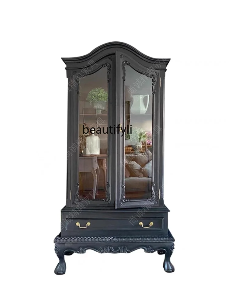 

French Style Vintage Engraving Sideboard Cabinet Black Light Luxury Glass Wine Display Cabinet Villa Locker