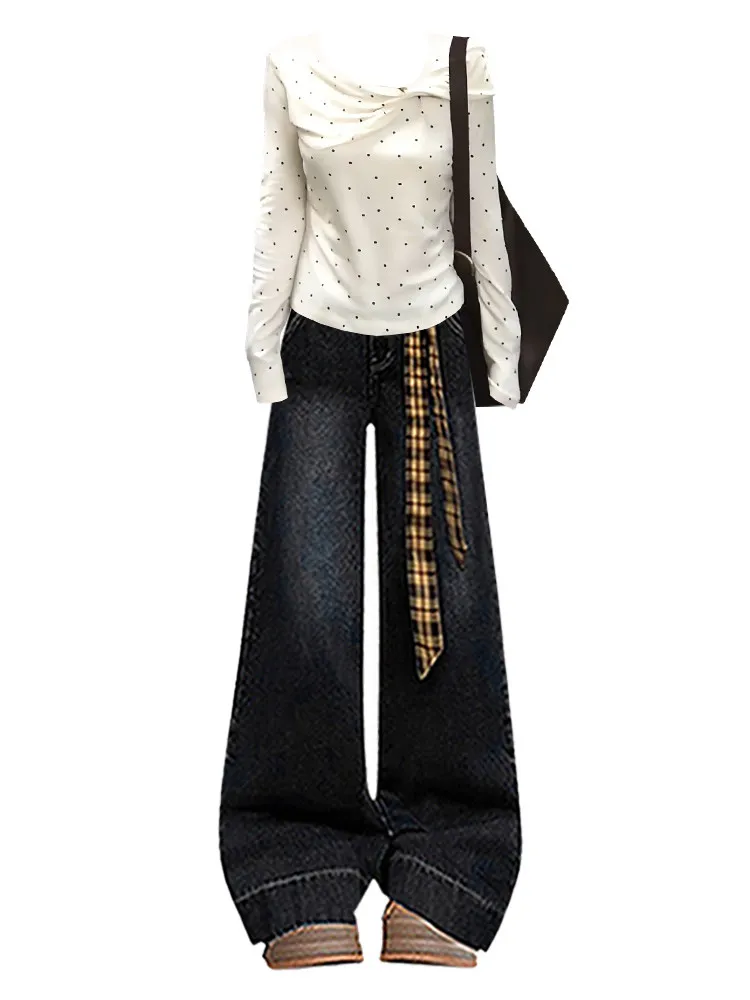 Elegant Lady Spring round Neck Denim Two-Piece Set Deep Blue Wide Leg Jeans T-Shirt Women's Fashion Ensemble High Waist view 4