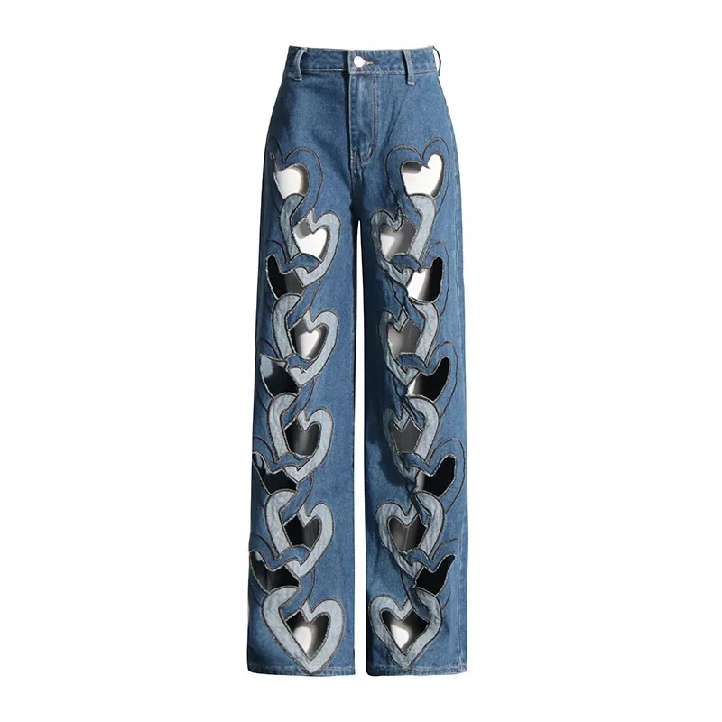 Pants 2024 autumn new fashion advanced heart-shaped hollow high-waisted jeans women ripped jeans for women