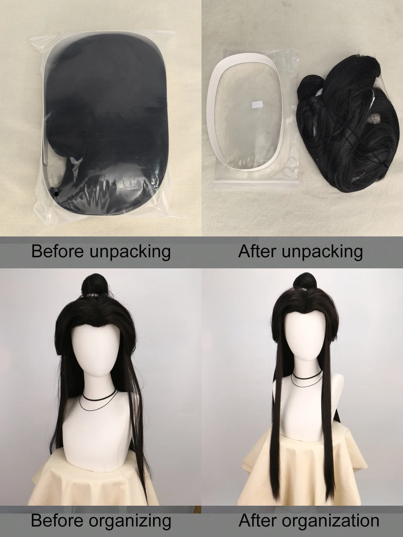 Perruques noires longues pour hommes, Costume de Cosplay Xie Lian, cheveux synthétiques noirs Tian Guan Ci Fu Hanfu, chignon détachable, ruban blanc pour hommes