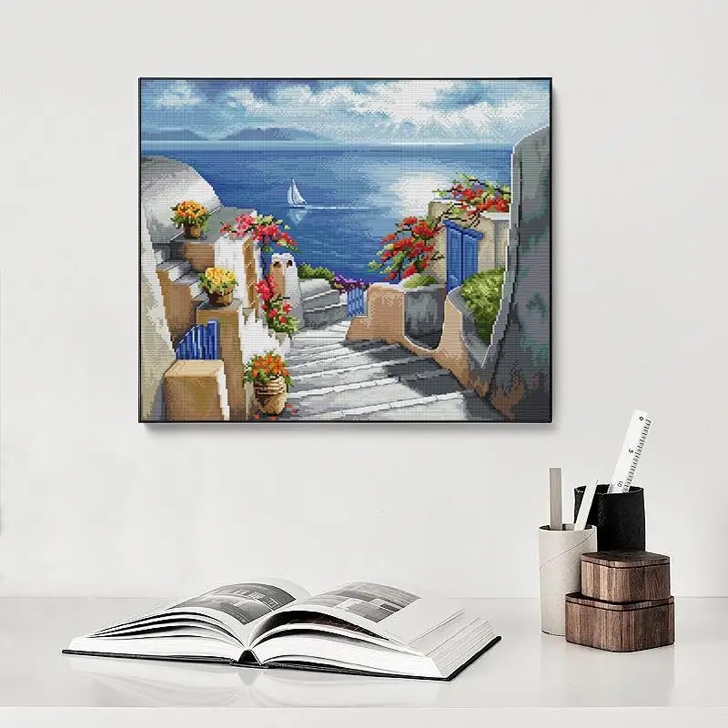 Blue Santorini Scenery Painting Cross Stitch Set Aida 14CT 11CT Count Printed Fabric Needle And Thread Embroidery Kit Home Decor