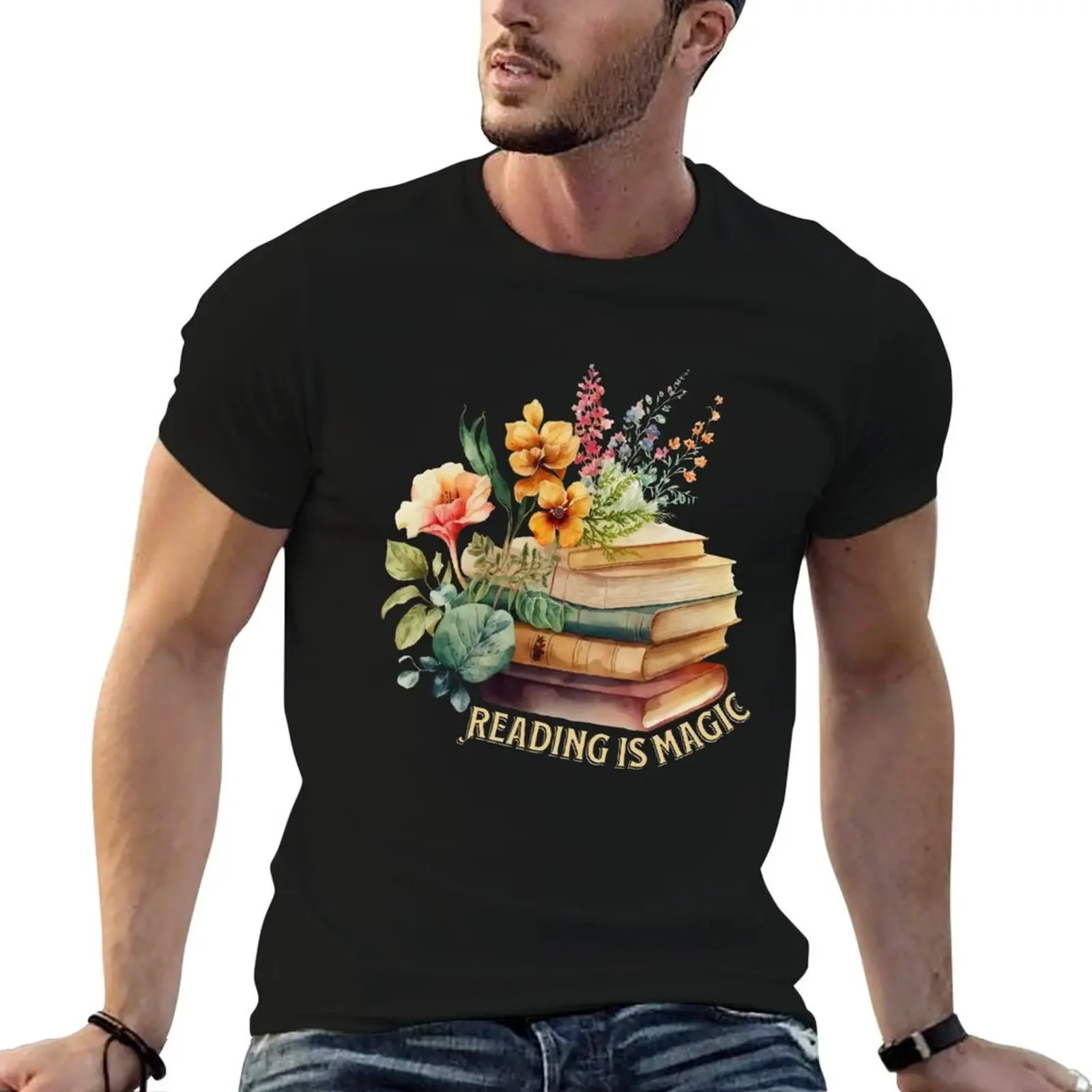 Reading is magic books and flowers watercolor floral motif T-Shirt tops vintage graphic tee mens workout shirts