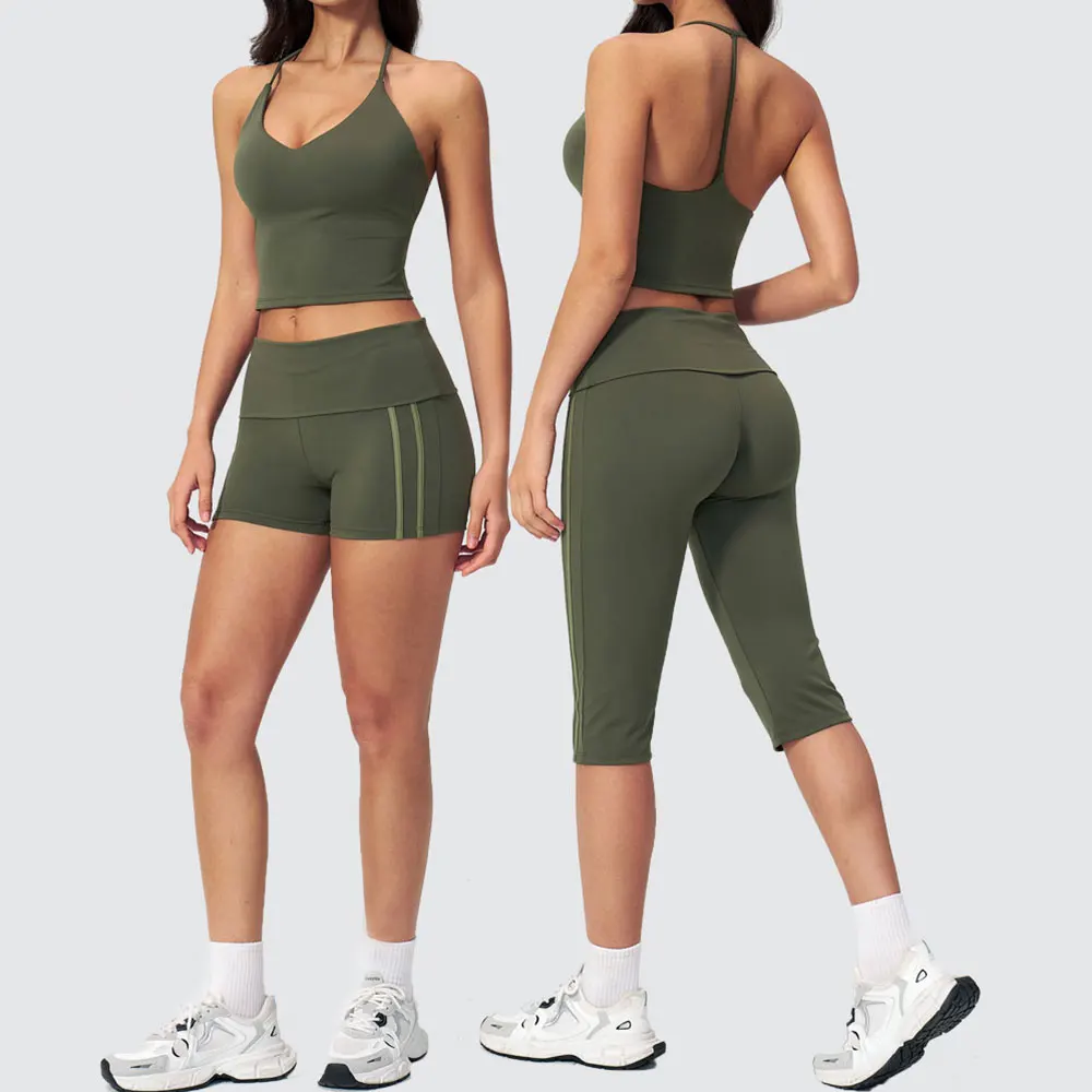 2pcs Women Yoga Suit Sports Bra Gym Set Fitness High Waist Capri Pants Shorts Athletic Wear Outfits Workout Clothes Fitness Set