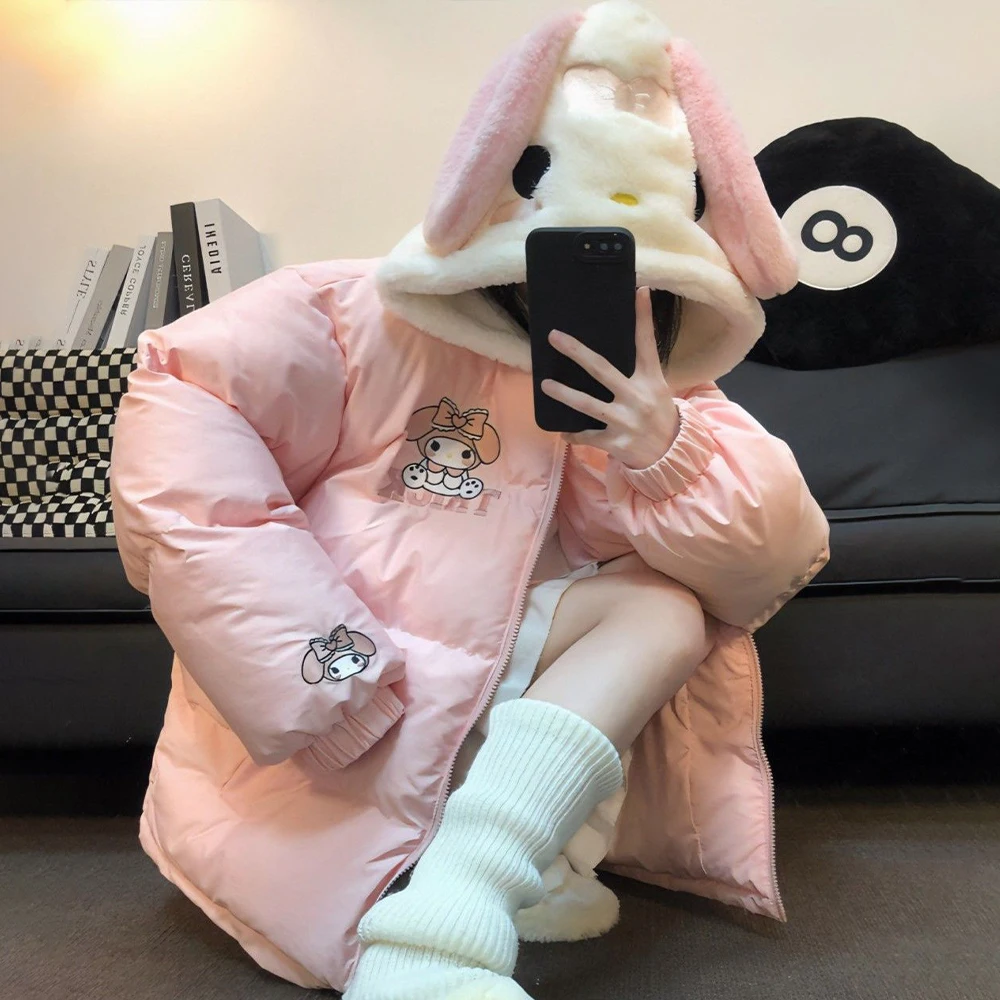 

Зимний пуховик в стиле аниме My Melody, милый утепленный хлопковый пуховик с рисунком Cinnamoroll, пальто с воротником-стойкой, свободные теплые милые топы для девочек