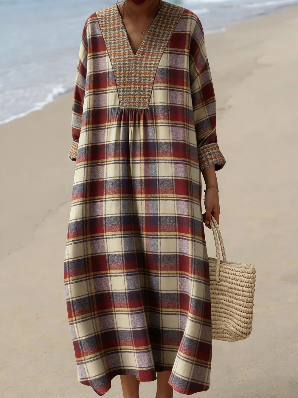 

Women's V-Neck Color Block Casual Chic Long Sleeve Dress Loose Fit for Office And Daily Wear Fashionable Elegant Style