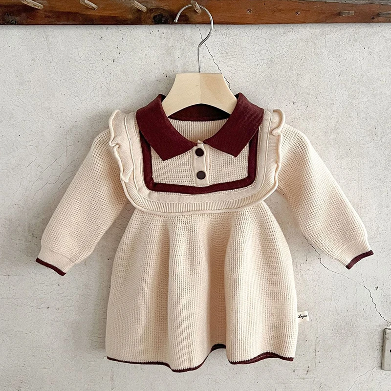 2024 New Autumn European American Style Infant Baby Girl Party Dress Long Sleeved Knitted Splicing Kids Knitting Princess Dress