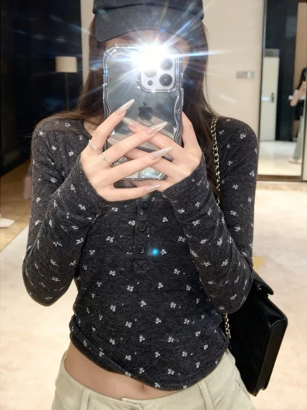 

Женская футболка больших размеров с цветочным принтом, длинным рукавом, в корейском стиле, облегающая, для ношения под одеждой, базовая, весенняя, повседневная, топ