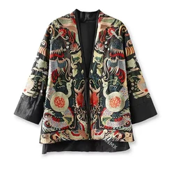 Black simulation silk fragrant cloud yarn Women's Short Jacket for Autumn Winter Coats, New Chinese style printed Lace Up Top