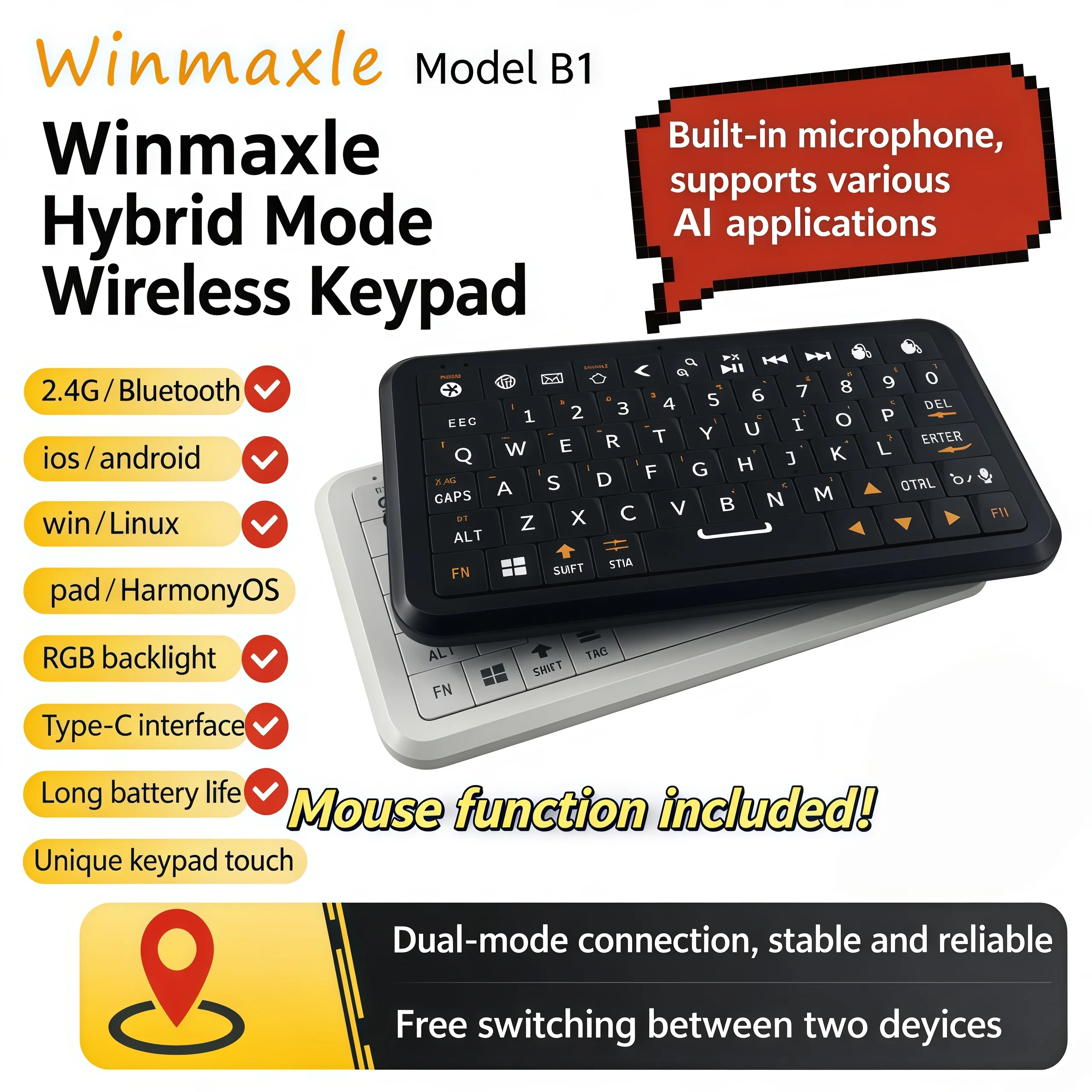 Winmaxle Keyboard Wireless Bluetooth Somatosensory Mouse Blackberry Style RGB Portable Mini AI Voice Keyboard RGB Backlight