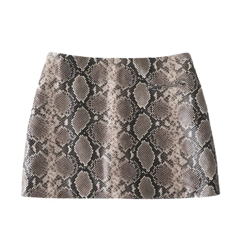 Catwalk Show Genuine Leather Sexy Snake Print Mini Skirt Women 2024 Spring Fashion High Waist Retro A-line Skirt Europe