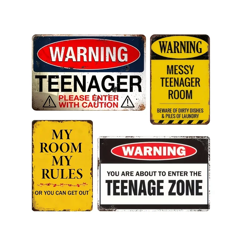 4pcs Vintage Teenager Room Humor Metal Signs Set, Warning Teenager& My Room My Rules Wall Decor For Teens, Gift For Teenage