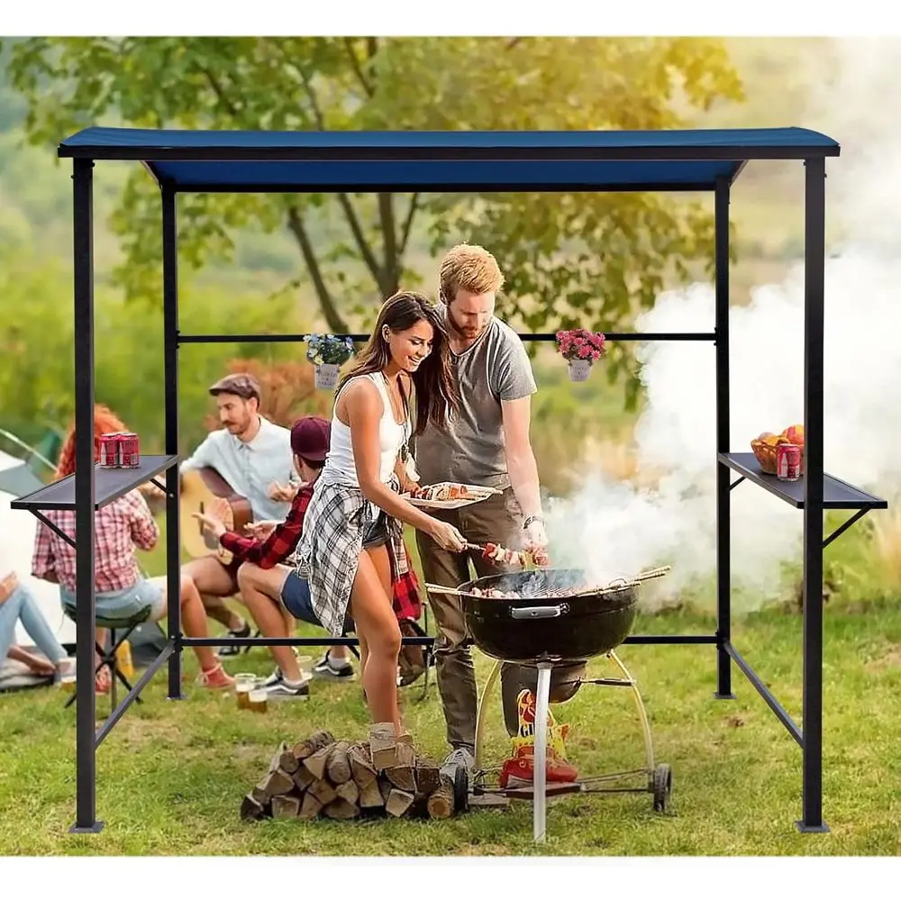 Blue Outdoor Patio BBQ Gazebo with Single-Tier Slate Top and Metal Shelves, 8' x 4.6'